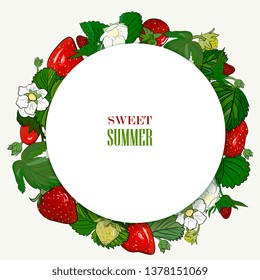 Strawberry frame drawing. ripe berries circle label template. Hand drawn summer illustration. Vintage Flyer, packaging design concept. Great for tea, juice, natural cosmetics, lemonade