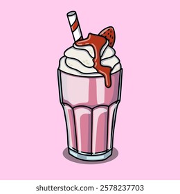 Strawberry frappe served with whipped cream, strawberry sauce and rolled wafers