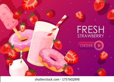 Postre fresco de fresa, bebida y comida, página web de ilustración vectorial. Cóctel dulce de moras de fruta, helado y donuts. Bebida sana orgánica de verano, pida limo y postre sabroso.