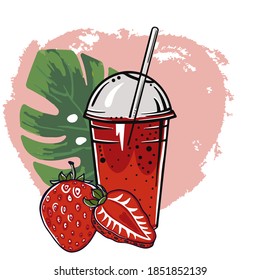 strawberry fresh fruit juice in a plastic glass for juice, sketch for your design, juice diet, healthy food, healthy lifestyle, non-alcoholic cocktail, strawberry slices, whole berry