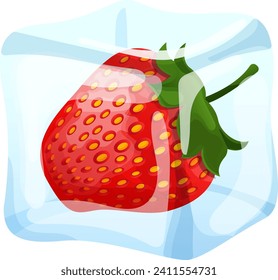 Strawberry frozen in transparent ice block, concept realistic delicious iced berry food icon cartoon vector illustration, isolated on white. Sweetness fresh fruit foodstuff, natural organic.