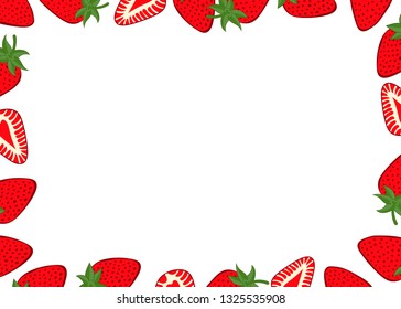 Strawberry fruit background. Strawberries set in the frame around a black space for a text, logo, or designs. View from above. Vector illustration. 