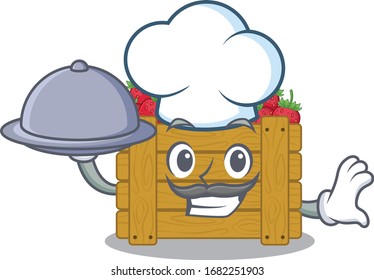 Caja de fruta de fresa como personaje de caricatura del chef con comida en la bandeja