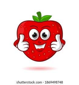 Strawberry fruit in cartoon logo style vector illustration: The strawberry fruit smiles happily with its thumbs up
