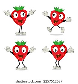 Strawberry Fruit Cartoon Mascot Character. Strawberry icon. Cute fruit vector character set isolated on white backround. 