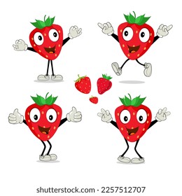 Strawberry Fruit Cartoon Mascot Character. Strawberry icon. Cute fruit vector character set isolated on white backround. 