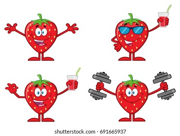 Strawberry Fruit Cartoon Mascot Character Series Set 4. Vector Collection Isolated On White Background