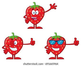 Strawberry Fruit Cartoon Mascot Character Series Set 1. Vector Collection Isolated On White Background