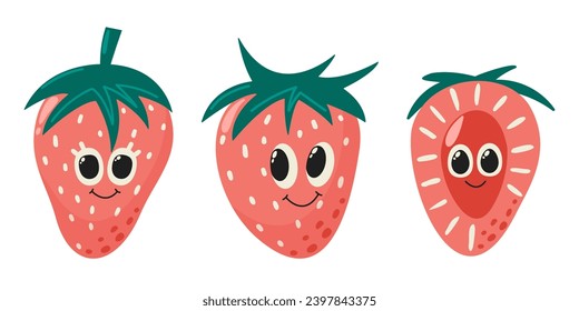 Erdbeerfruchtcharakter mit Gesicht. Sommer Set Vitamin, Vektorgrafik einzeln auf Weiß. Slide und ganz süße Früchte
