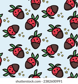 Strawberry fruit with chocolate seamless pattern. Summer berries fruits vector background. Hand drawn doodle illustration for cover, fabric, wallpaper texture, backdrop, birthday invitation.