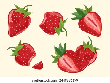 Strawberry Fruit Collection Set Vector Juicy red fruit, whole, cut in half, bitten off for magazines, website, postcards, posters. Isolated. 