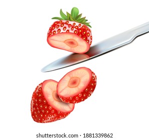 Erdbeeren-Obstschneiden mit Messer einzeln in der Mitte auf weißem Hintergrund. Realistische Vektorgrafik in 3D-Illustration.