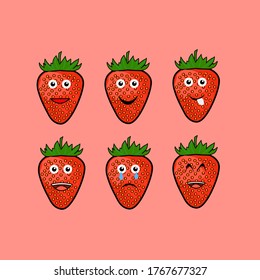 Strawberry fruit emojis with a variety of funny and sad facial expressions, great for Emoji stickers in chat applications, for chatting on websites, social media and chat stickers