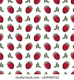 Strawberry fruit flat with leaves vector background seamless pattern.  Scalable and editable. Vector pattern for textile, print, fabric, backdrop, wallpaper, background.