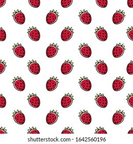 Strawberry fruit flat with leaves vector background seamless pattern. Scalable and editable. Vector pattern for textile, print, fabric, backdrop, wallpaper, background.