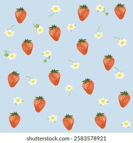 Strawberry fruit and flowers seamless pattern illustration