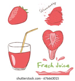 Strawberry. Fruit, fresh juice in a glass vector illustration collection  in minimal style.