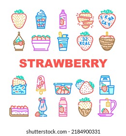 strawberry fruit fresh red berry icons set vector. food white, half cut, leaf green, sweet juicy slice, ripe dessert, organic summer strawberry fruit fresh red berry color line illustrations