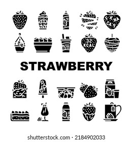strawberry fruit fresh red berry icons set vector. food white, half cut, leaf green, sweet juicy slice, ripe dessert, organic summer strawberry fruit fresh red berry glyph pictogram Illustrations