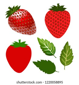 Strawberry fruit with a green leaf isolated. Vector illustration Eps 10.vector set high and low detail. Detailed realistic ripe fresh strawberries