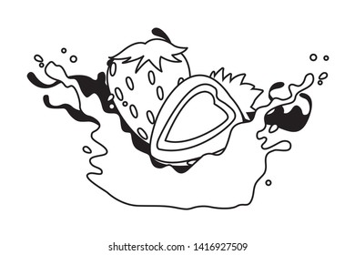 Strawberry fruit half cut with resfreshment drink splash vector illustration graphic design