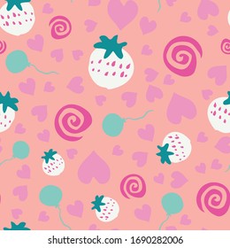 strawberry fruit heart vector seamless repeat pattern . Perfect for food illustration, background and textile design