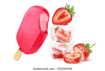 Strawberry fruit ice cream popsicle set isolated element in the middle on white background. Realistic vector in 3D illustration.