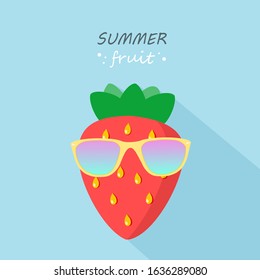 Strawberry fruit icon isolate with sunglasses on blue color and shadow background, flat design for banner, template, fabric, packaging, invitations, wallpaper.