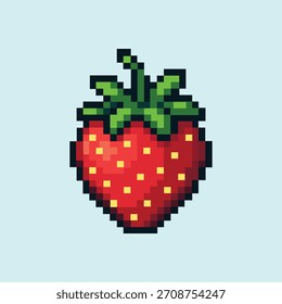 Strawberry fruit icon in pixel art style. Vector illustration. 8 bit logo for game