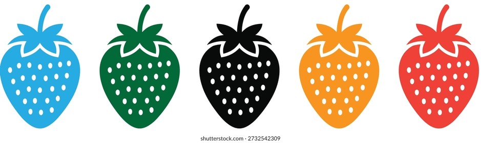 Strawberry fruit icon set, black outlines and vibrant red berries. Colorful strawberry icons in blue, green, black, orange, and red  . 