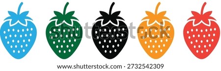 Strawberry fruit icon set, black outlines and vibrant red berries. Colorful strawberry icons in blue, green, black, orange, and red  . 
