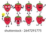 Strawberry fruit icons in charming styles showing love, joy, crying, yoga, and fun. Designed for children’s content, healthy food education, and vibrant fruit-themed graphics.