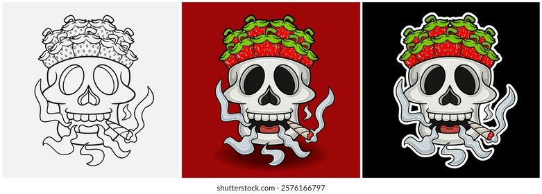 Strawberry Fruit Inside Skull Head With Smoking Character Cartoon. Black White, Colorful and Sticker Style. For T shirt print, Brand Logo, Label and Mascot product. Vectors Illustrations