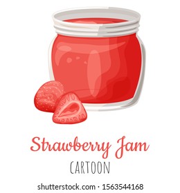 Strawberry fruit jam in a jar isolated close-up illustration, cartoon colorful clip-art.