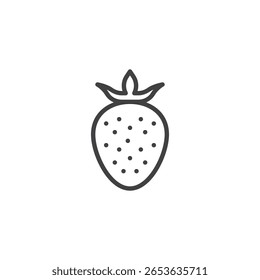 Strawberry fruit line icon with leaf top and seeds. Cute outline vector icon. Berry food symbol and sweet logo. Ideal for dessert, snack, or organic themes.