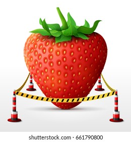 Strawberry fruit located in restricted area. Strawberry with leaves surrounded barrier tape