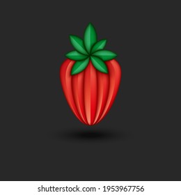 Strawberry fruit logo, 3d abstract red berry isolated on the black background, gradient logotype mockup.
