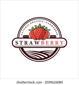 Strawberry Fruit Logo Vector Illustration Template Icon Design. Icon Fruit Or Vegetable For Farm Business Concept With Circle Or Round Line Modern Vintage Badge Style