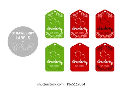 Strawberry fruit Natural store labels set in green, red colors. Cartoon Advertising hundred percent organic Stickers. fruit Badges with Hand drawn strawberry with Eco leaves ready for web and Print