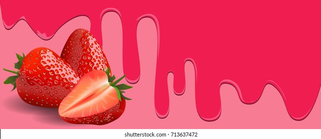 Strawberry fruit on Pink background, flowing juicy syrup and copy space for text. vector illustration.