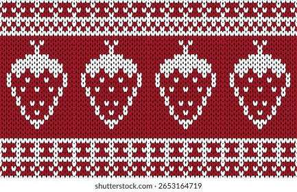 Strawberry fruit on red background in a woven, embroidery, seamless pattern.
