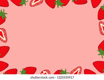 Strawberry fruit pink background. Strawberries set in the frame around a black space for a text, logo, or designs. View from above. Vector illustration. 
