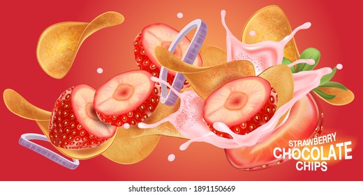 Frutos de fresa con patatas fritas voladoras en el medio sobre un fondo de color sólido. Vector realista en ilustración 3D.