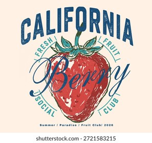 Diseño de impresión de fruta de fresa en Vector. diseño de gráficos de moda para niñas. Fruta fresca del verano. gráficos retro vintage. diseño de la camiseta para las mujeres de los hombres, niñas y niños.
