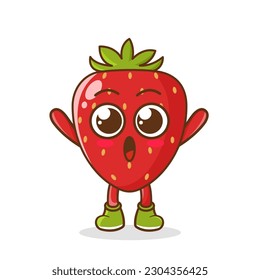 strawberry fruit raise your hands up. Illustration of a cute strawberry character who is pleased with both hands raised