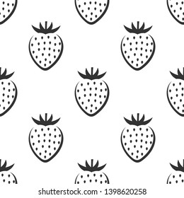 Strawberry fruit seamless black and white pattern. Vector illustration