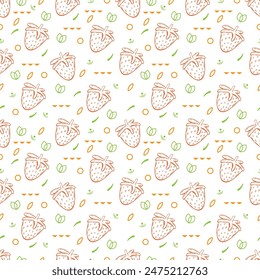 Strawberry fruit Seamless hand drawn doodle pattern. Illustration for backgrounds, card, posters, banners, textile prints, cover, web design. Eat healthy. Vector icons.