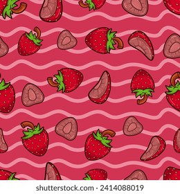 Erdbeeren Früchte Nahtlose Muster im Cartoon-Stil. Perfekt für Hintergrund, Hintergrund, Bildschirmhintergrund und Deckverpackungen. Vektorgrafik.