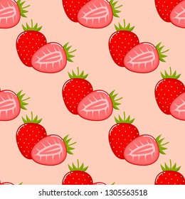 Strawberry fruit seamless pattern. Isolated on pink background. Vector illustration.