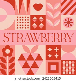 Strawberry Fruit seamless pattern in scandinavian style postcard with Retro clean concept design